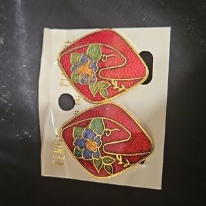 Elegant Red and Gold Genuin Cloisonne Floral Earrings MOC